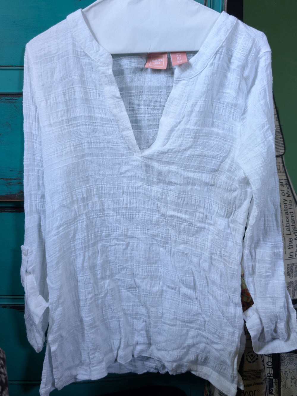 Marina Luna White Textured V-Neck Roll-Tab Tunic
